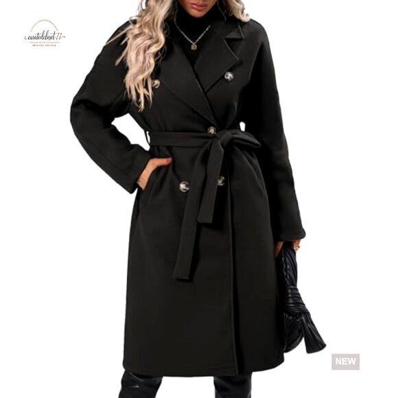 Elegant Wool Pea Coat Double Breasted Belted Classic Winter Overcoat Long Sleeve - Picture 3 of 7